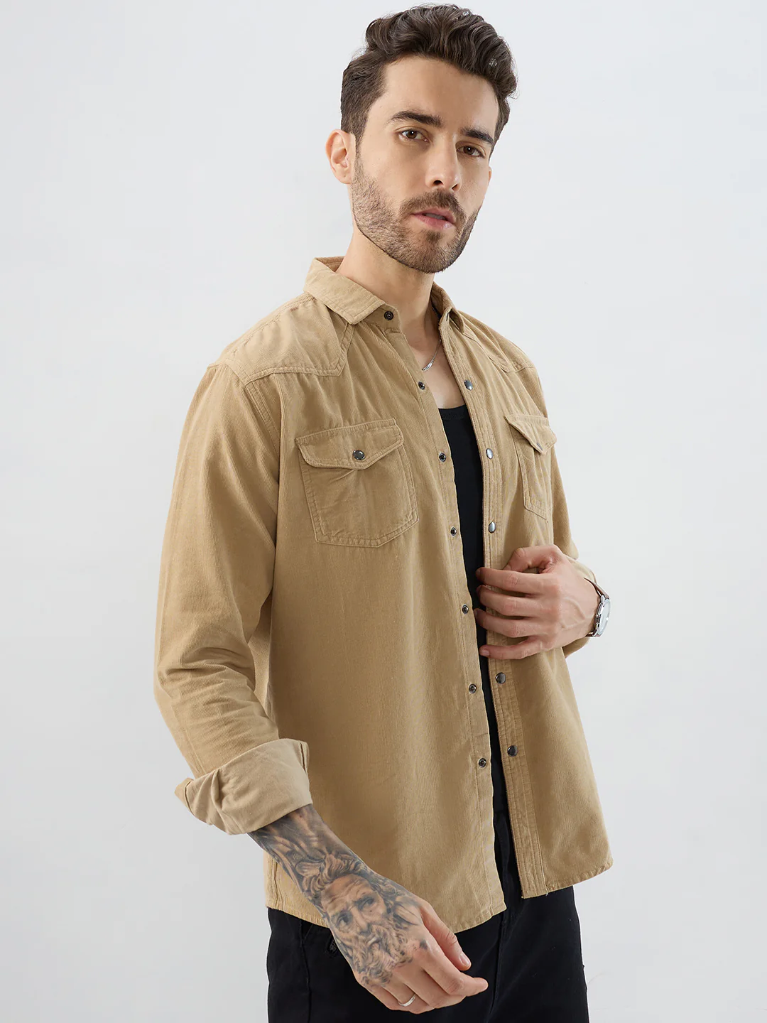 Voguish Camel Beige Double Pocket Corduroy Overshirt - Image 5
