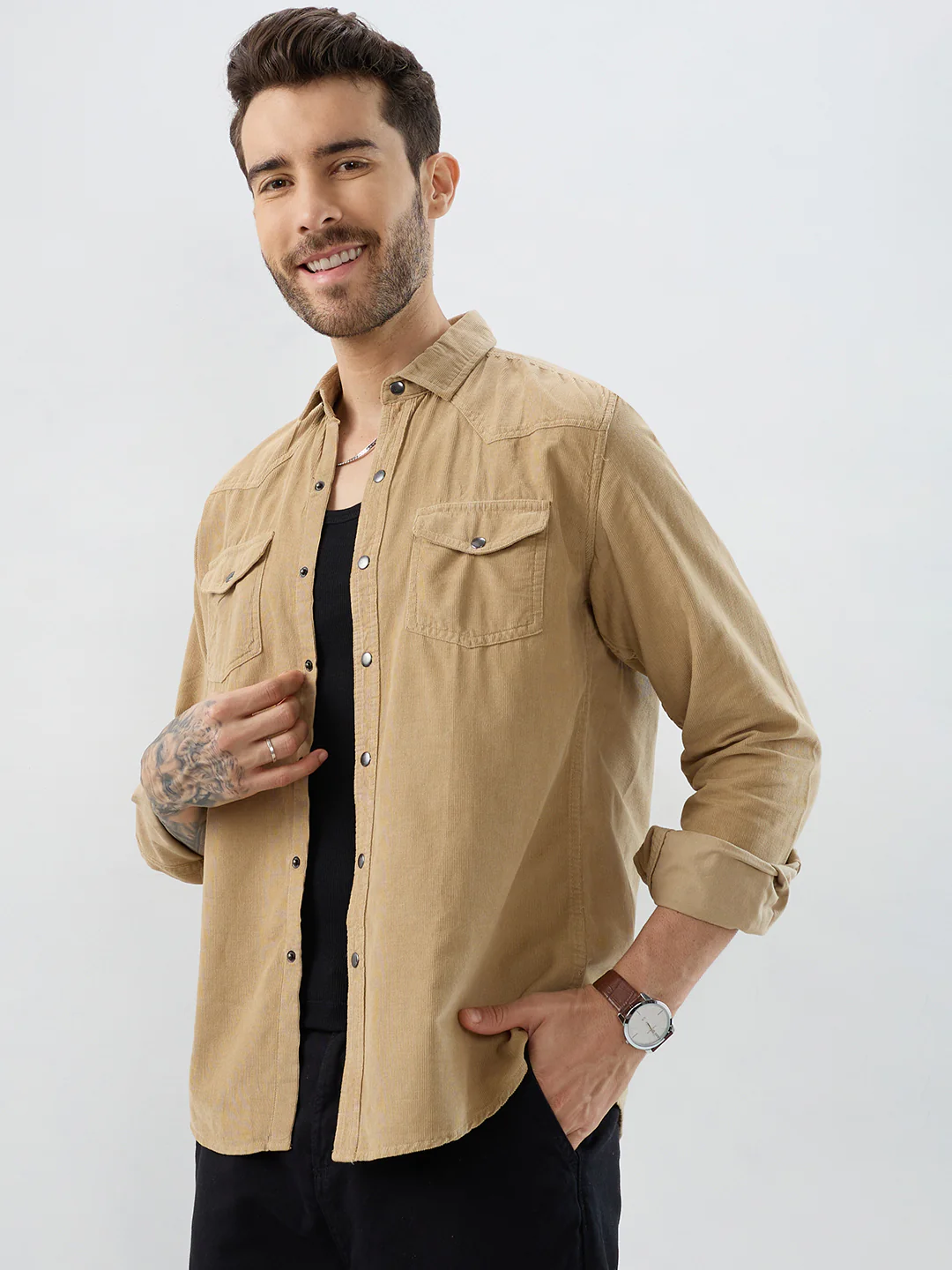 Voguish Camel Beige Double Pocket Corduroy Overshirt - Image 6