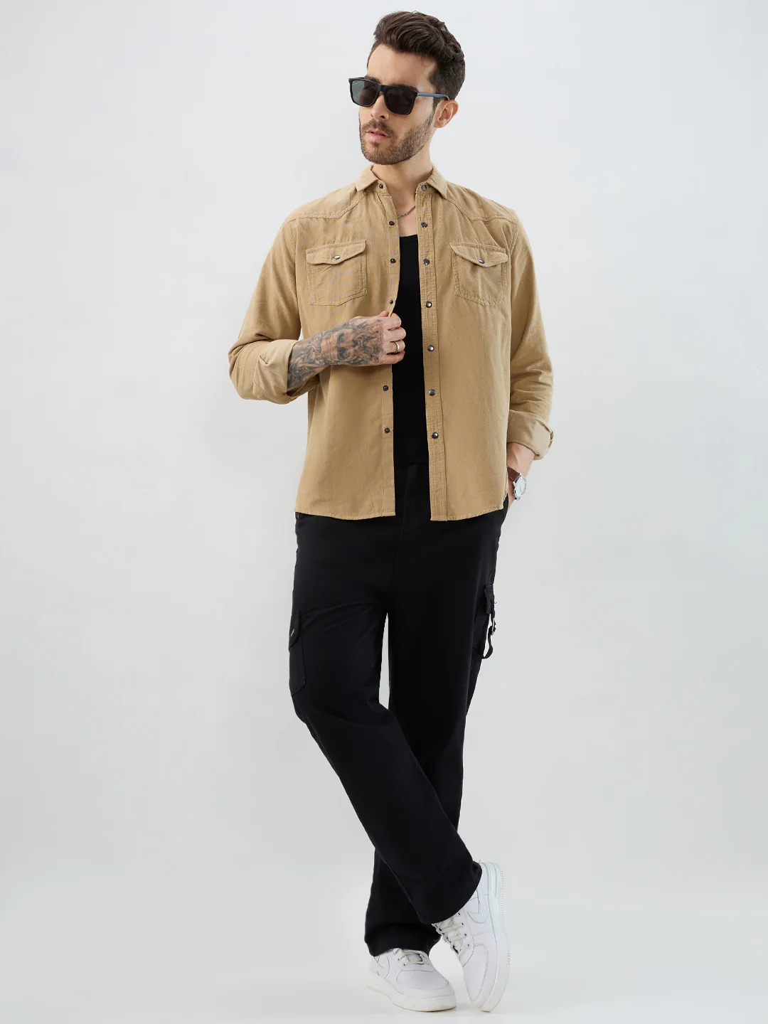 Voguish Camel Beige Double Pocket Corduroy Overshirt - Image 8