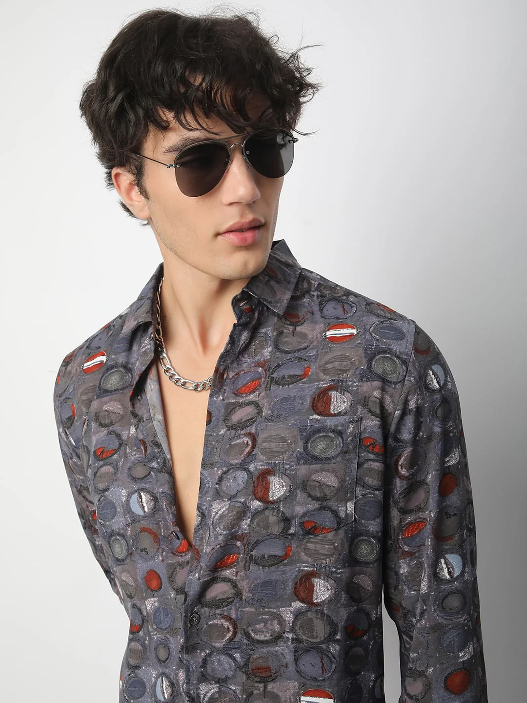 Voguish Circular Abstract Printed Grey Shirt - Image 2