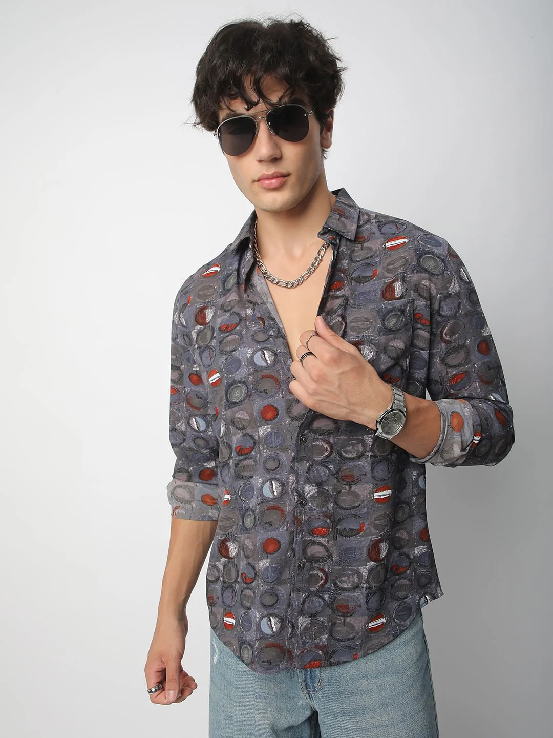 Voguish Circular Abstract Printed Grey Shirt - Image 4