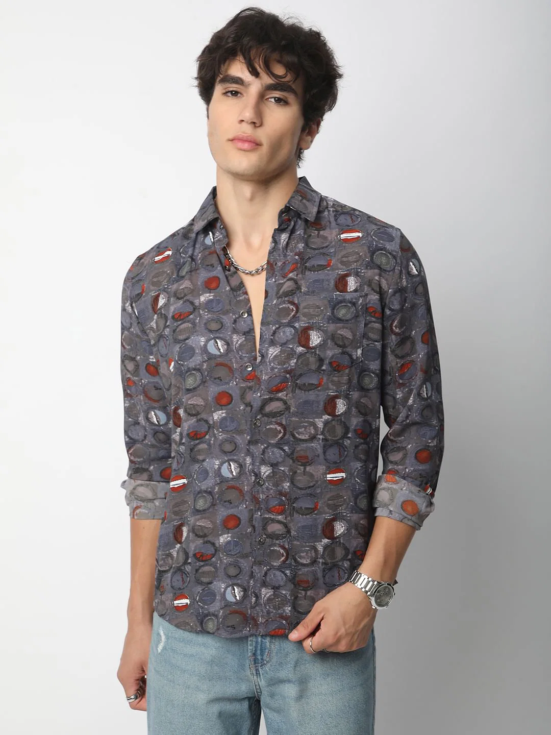 Voguish Circular Abstract Printed Grey Shirt - Image 5