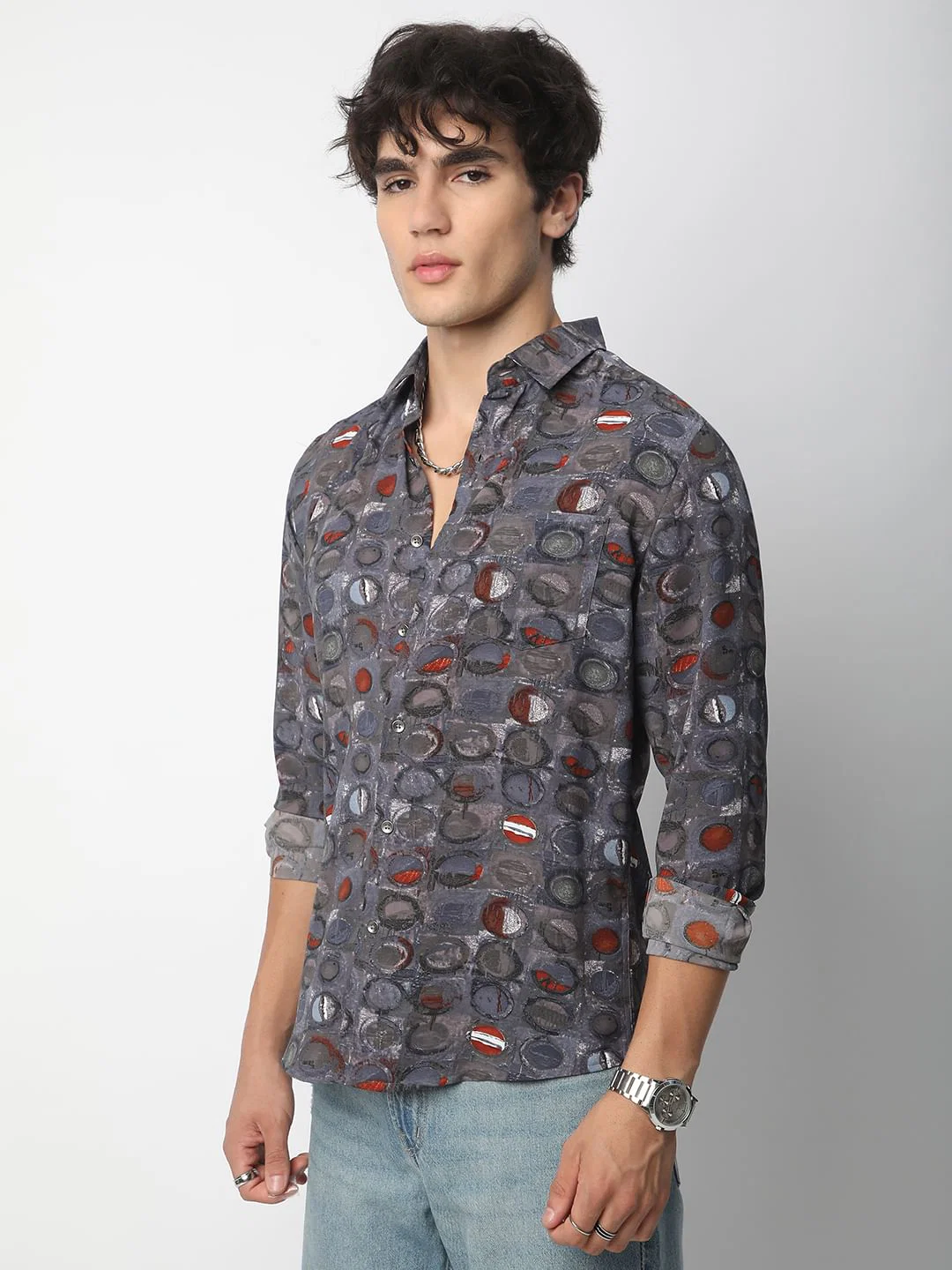 Voguish Circular Abstract Printed Grey Shirt - Image 6