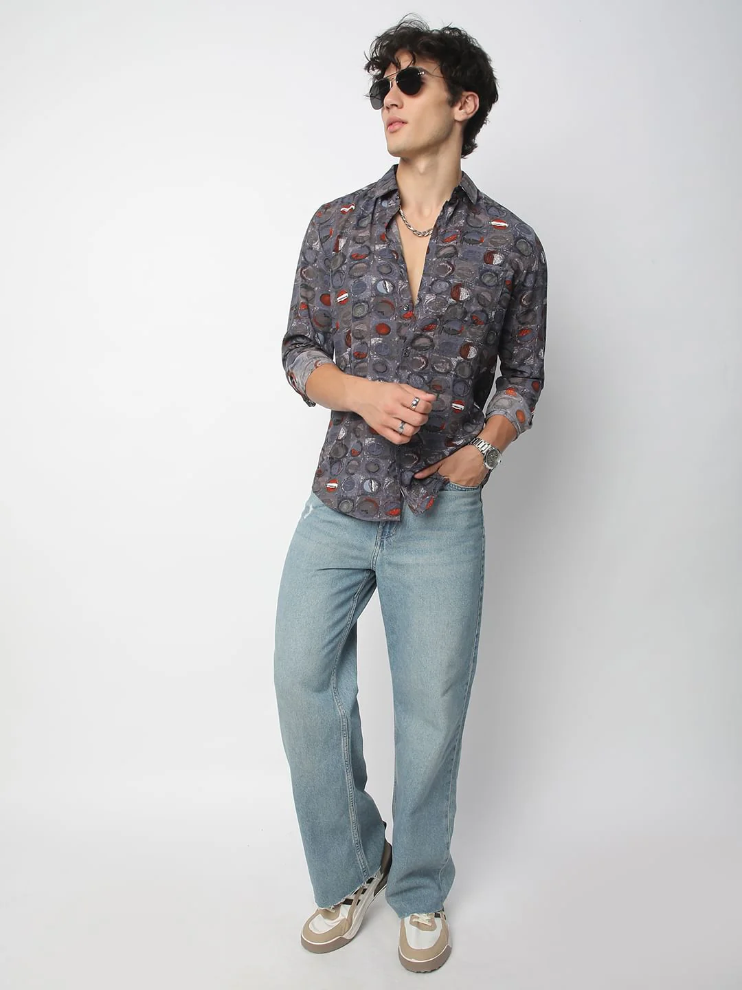 Voguish Circular Abstract Printed Grey Shirt - Image 8