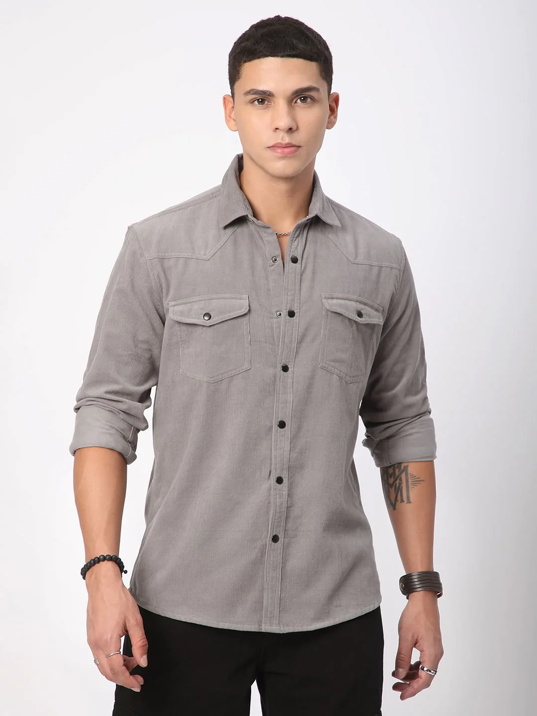 Voguish Fossil Grey Double Pocket Corduroy Overshirt - Image 5