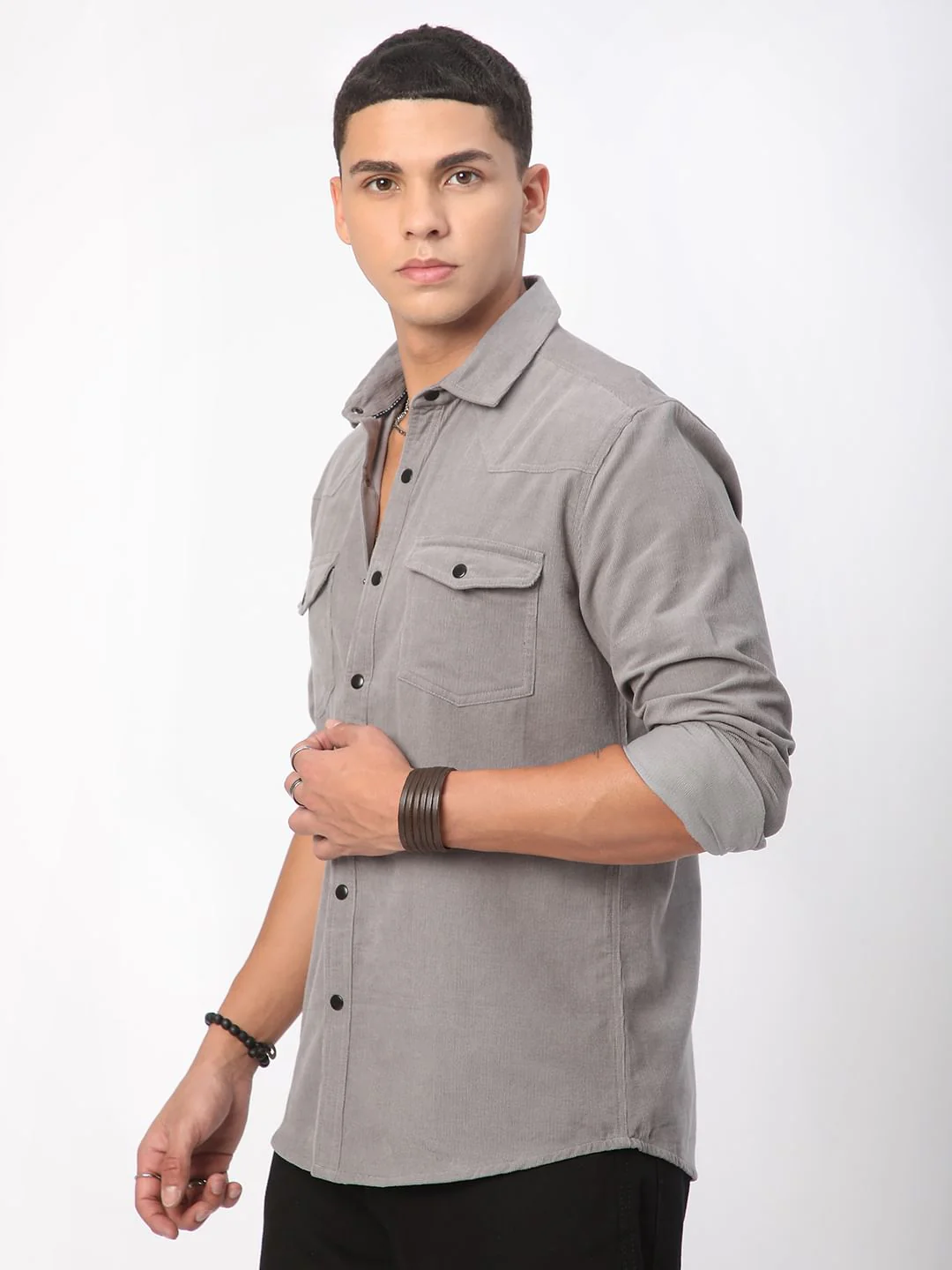Voguish Fossil Grey Double Pocket Corduroy Overshirt - Image 6