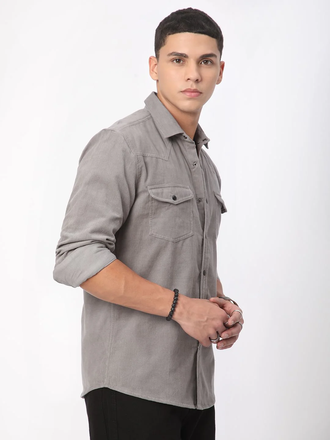 Voguish Fossil Grey Double Pocket Corduroy Overshirt - Image 7