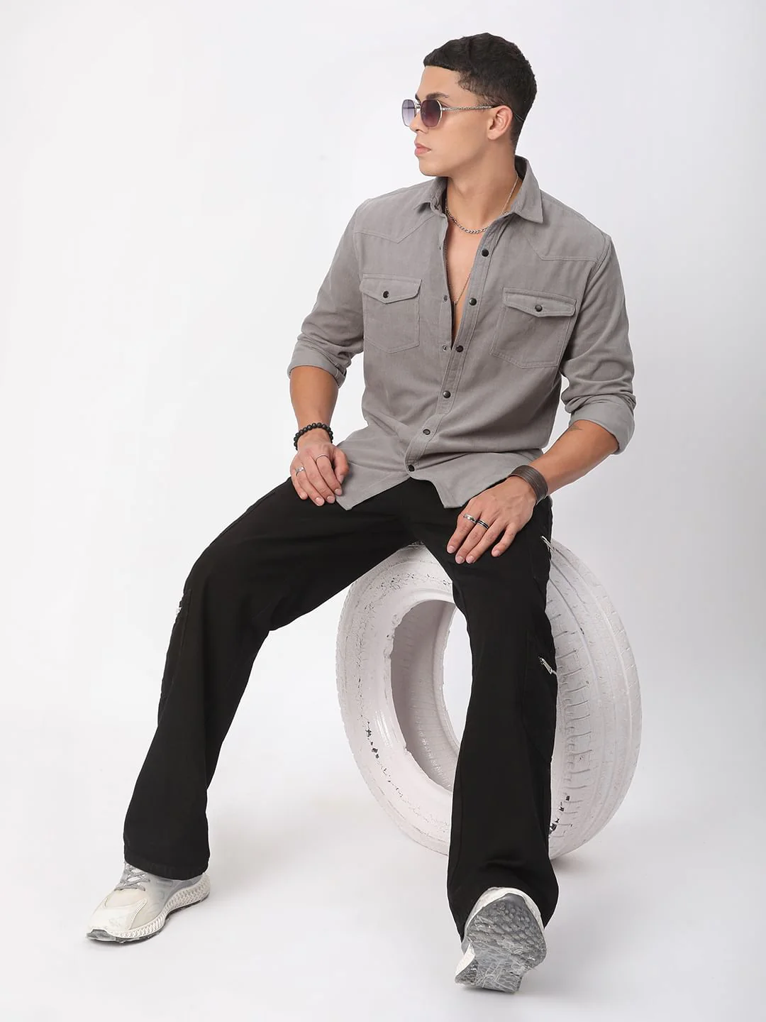 Voguish Fossil Grey Double Pocket Corduroy Overshirt - Image 9