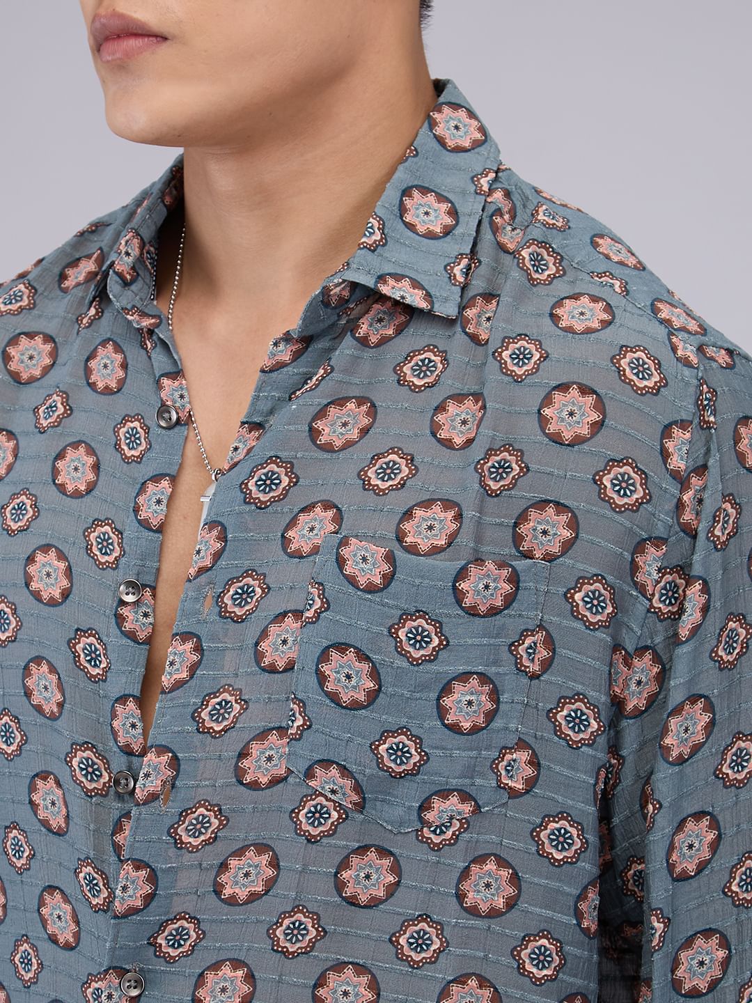 Voguish Grey Motifs Streaky Dobby Shirt - Image 3
