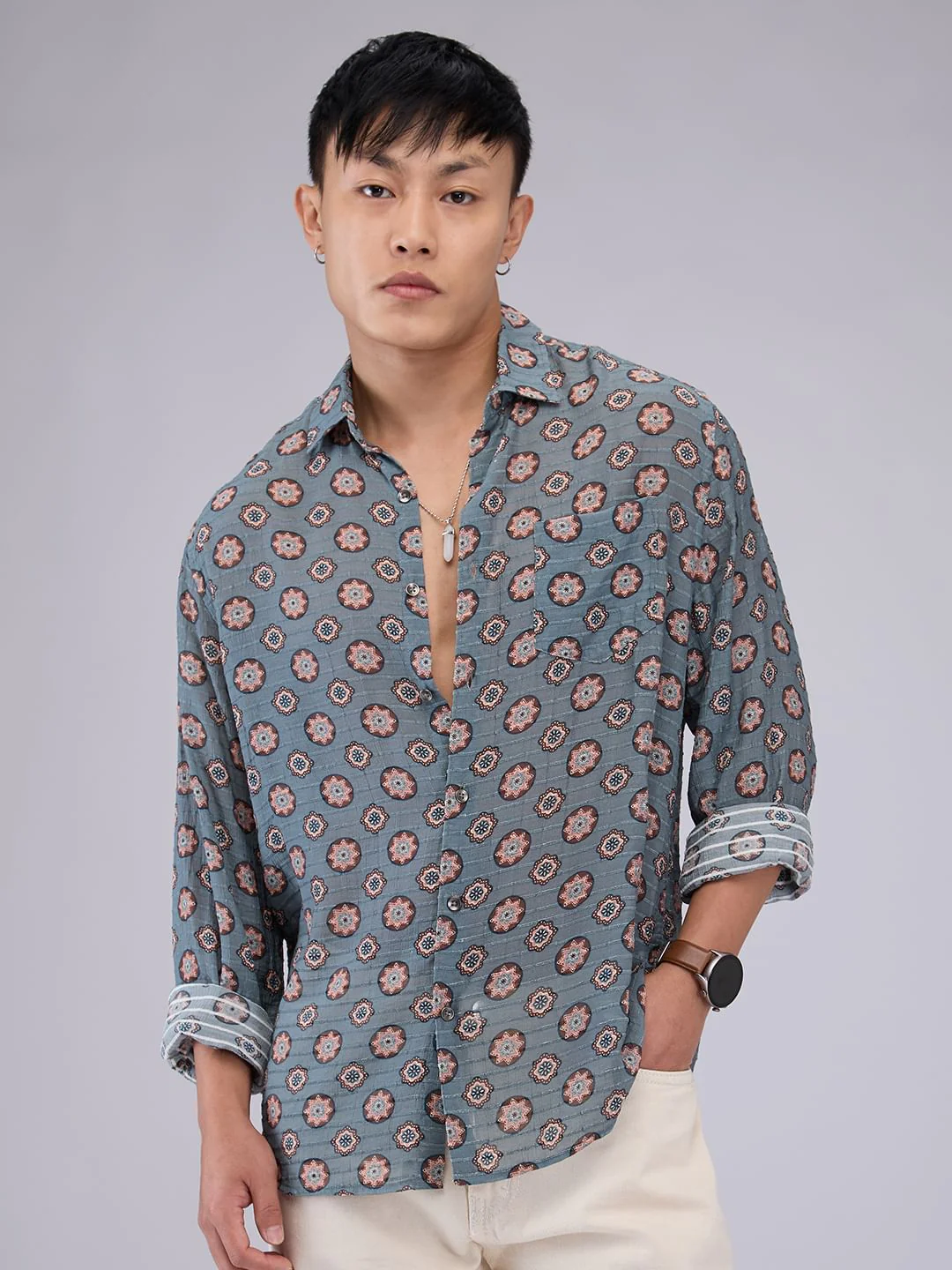 Voguish Grey Motifs Streaky Dobby Shirt - Image 4