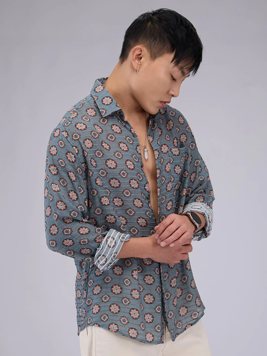Voguish Grey Motifs Streaky Dobby Shirt - Image 5