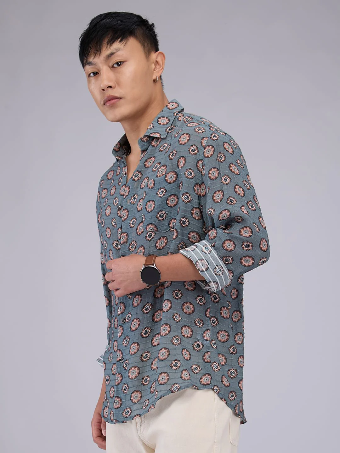 Voguish Grey Motifs Streaky Dobby Shirt - Image 6