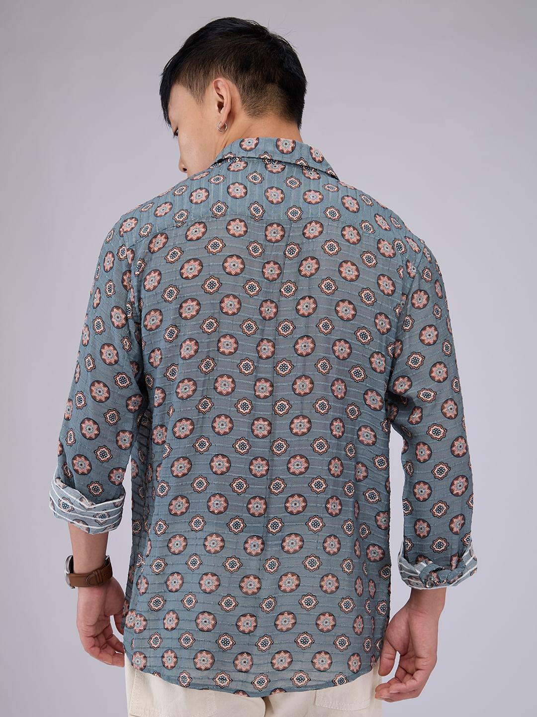 Voguish Grey Motifs Streaky Dobby Shirt - Image 7