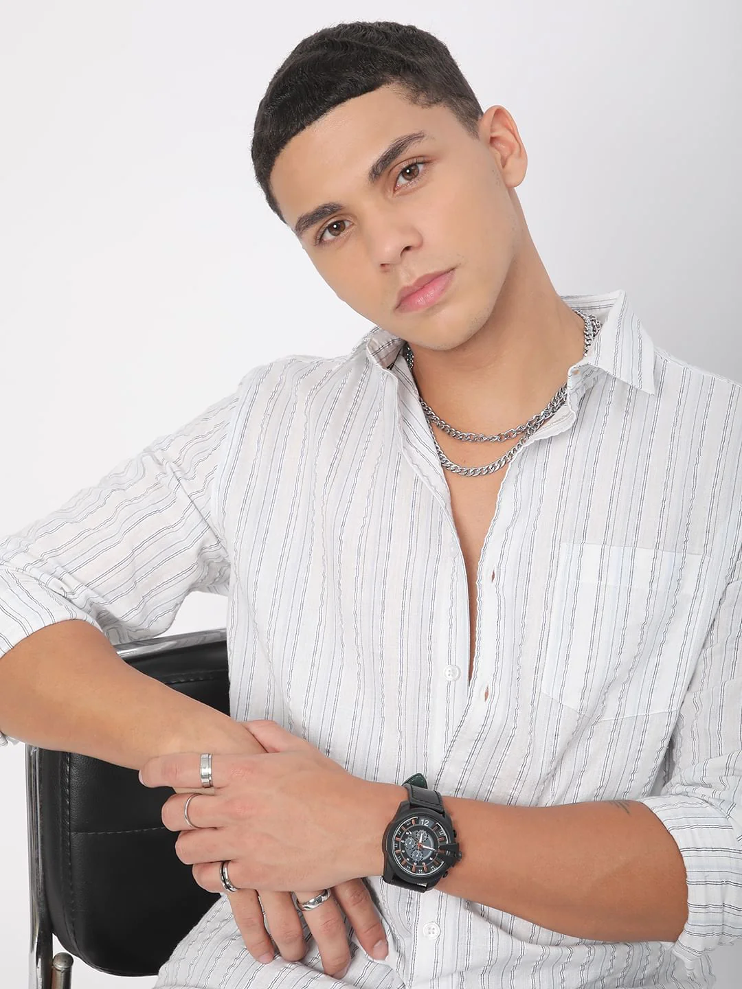 Voguish White Vertical Line Stripe Seersucker Shirt - Image 2