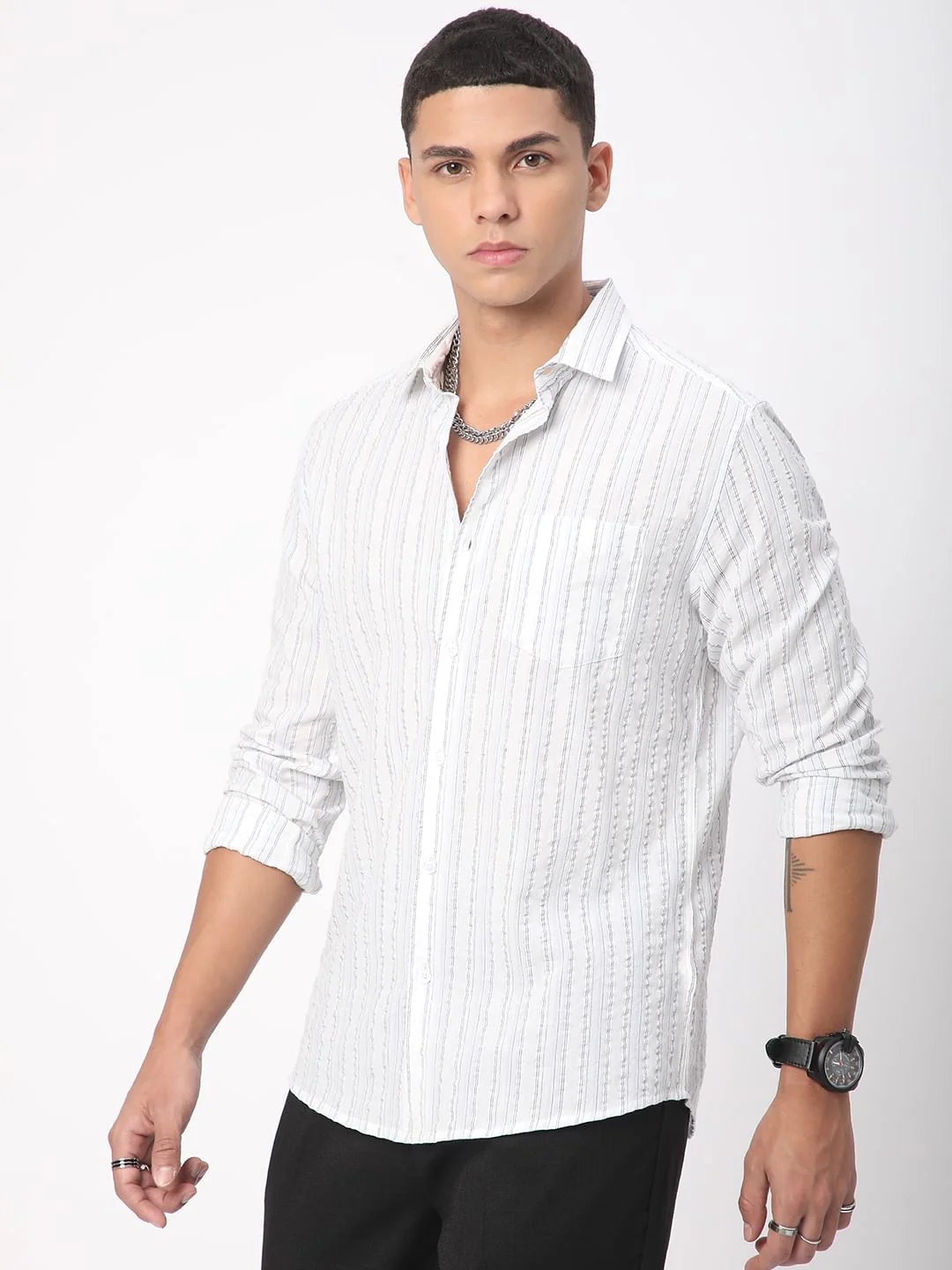 Voguish White Vertical Line Stripe Seersucker Shirt - Image 6