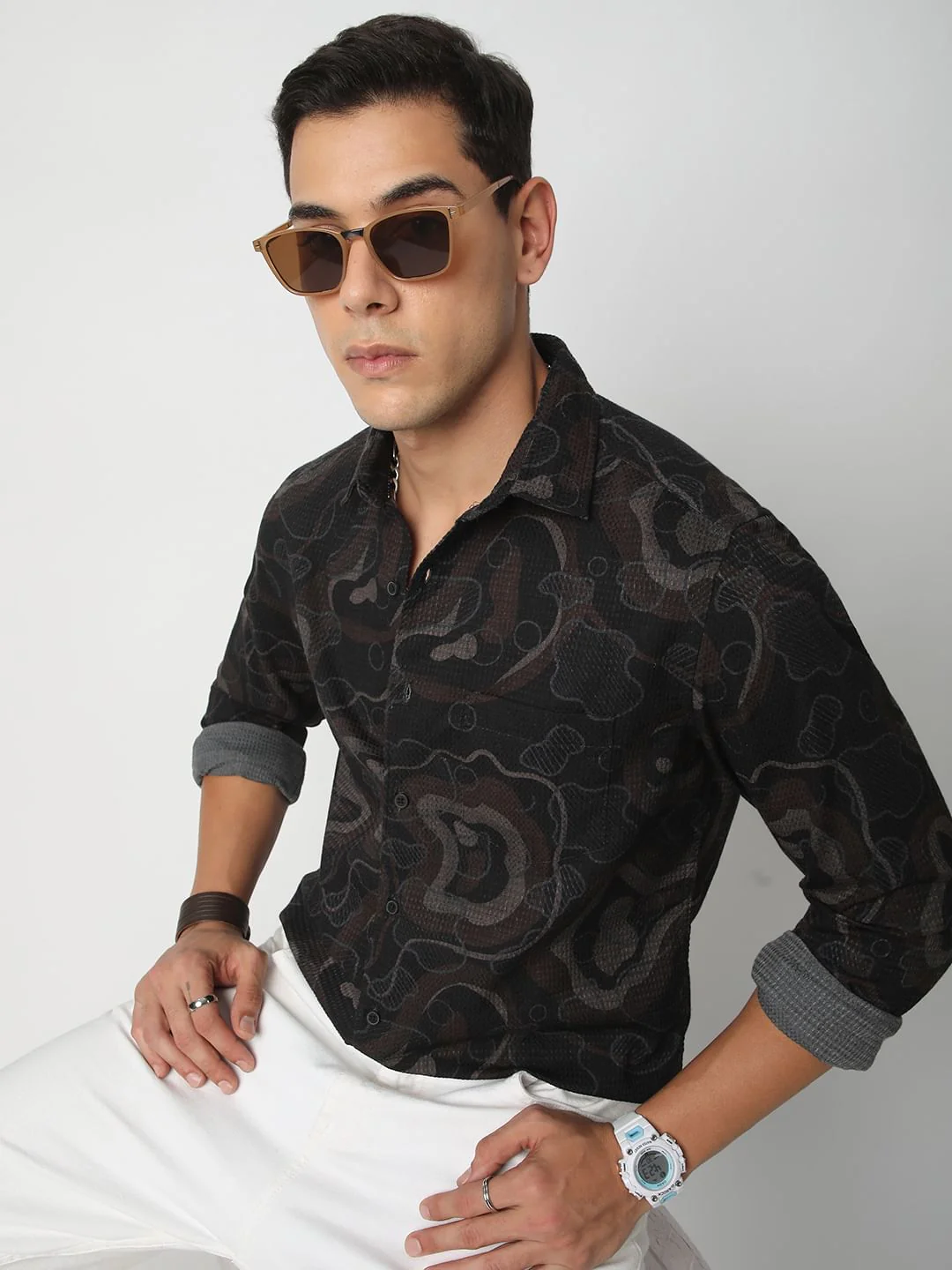 Waffle Black Abstract Printed Textured Shirt - Image 2