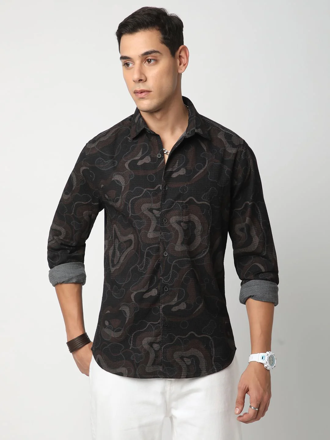 Waffle Black Abstract Printed Textured Shirt - Image 4