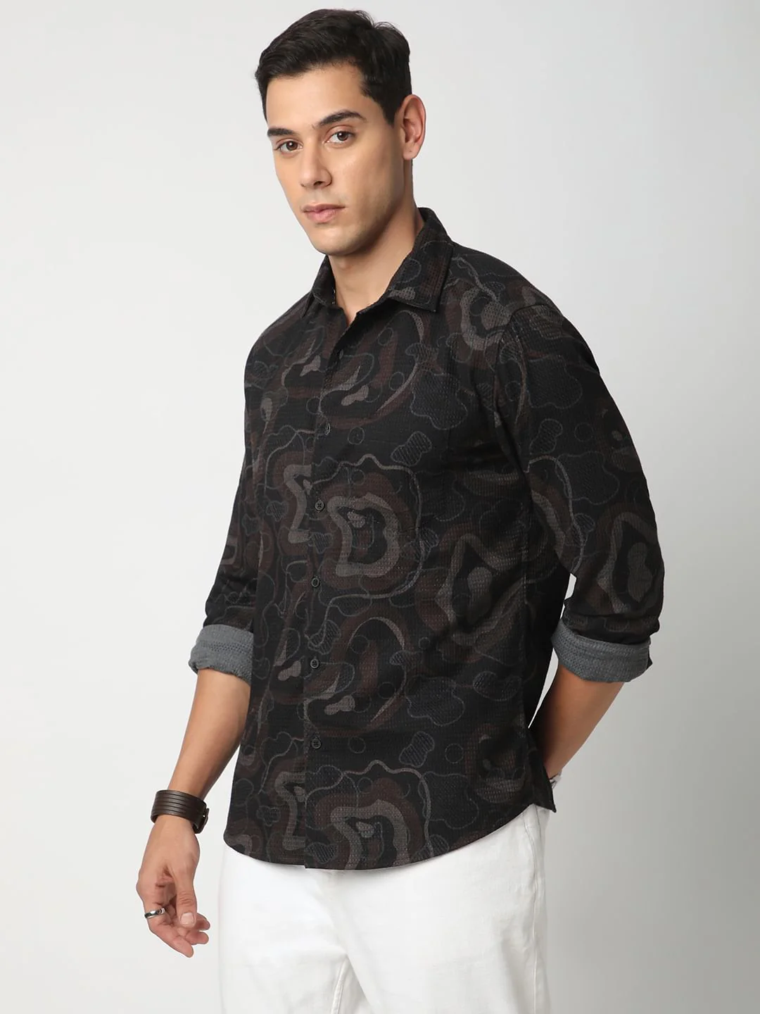 Waffle Black Abstract Printed Textured Shirt - Image 5