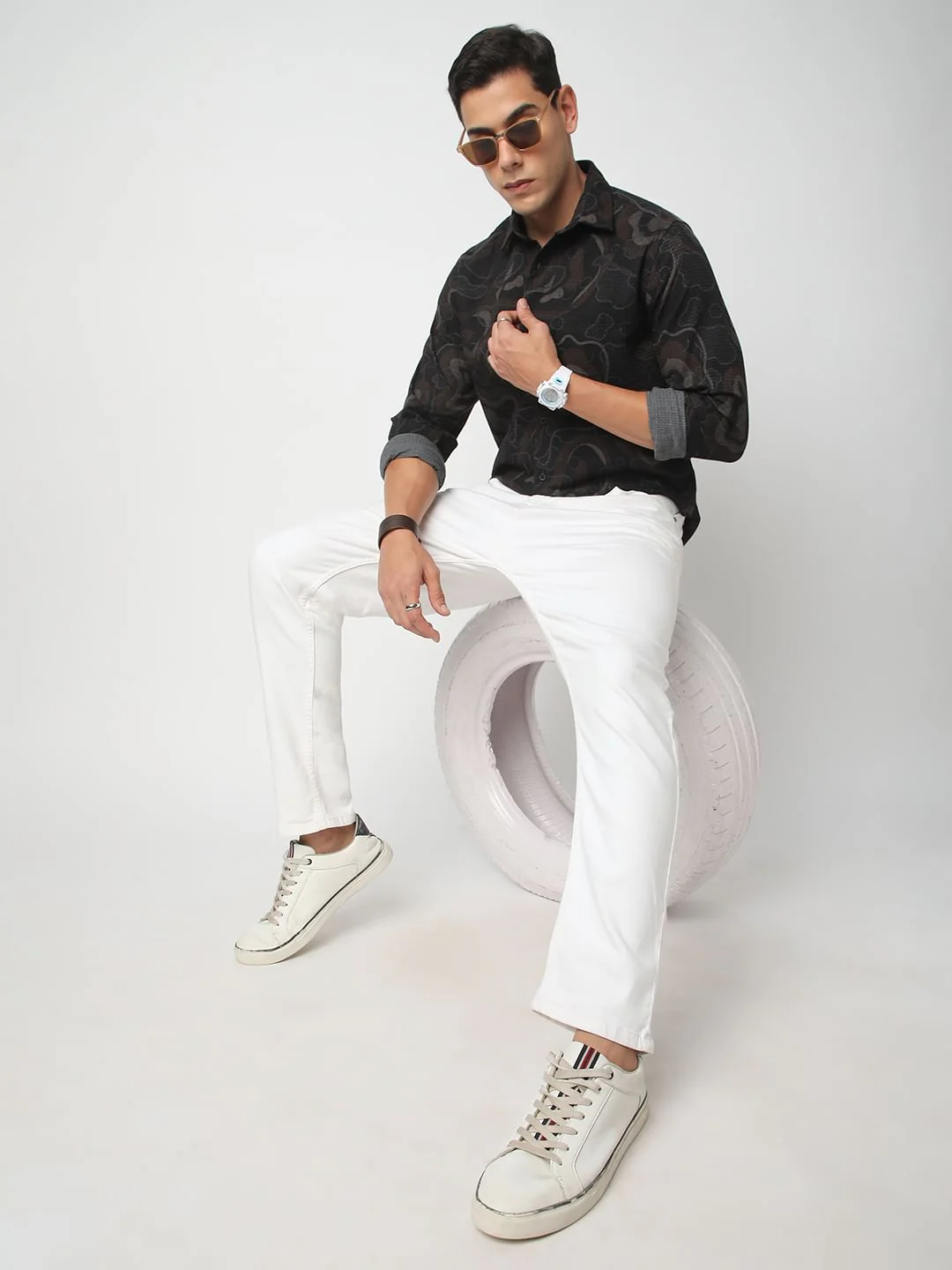 Waffle Black Abstract Printed Textured Shirt - Image 7