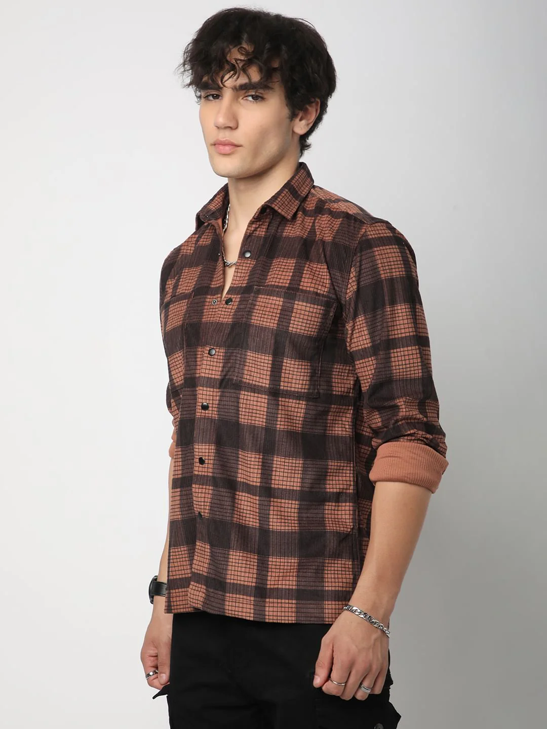 Walnut Brown Checked Double Pocket Corduroy Shirt - Image 5