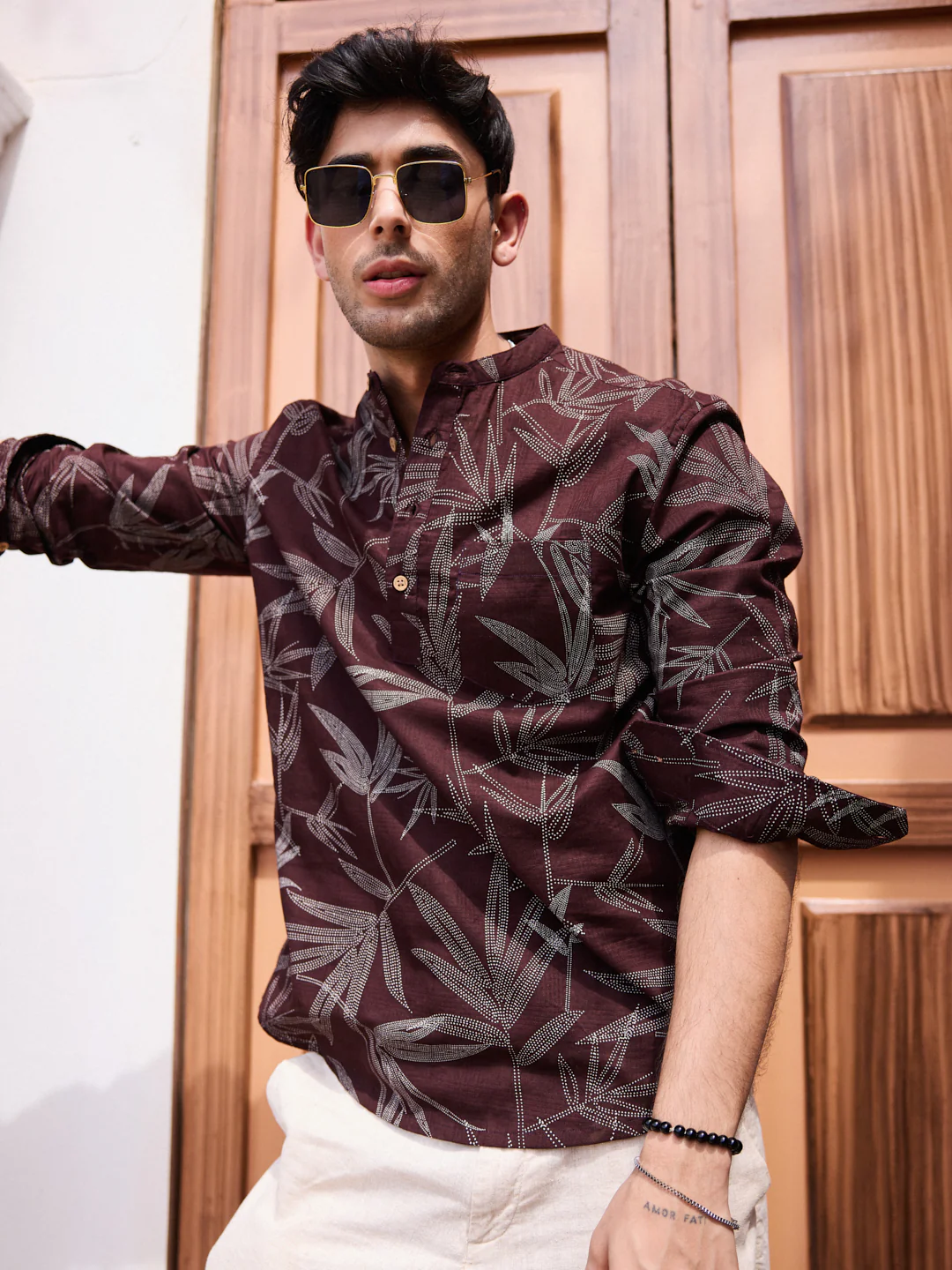 Walnut Brown Dotted Leaf Printed Kurta - Image 2