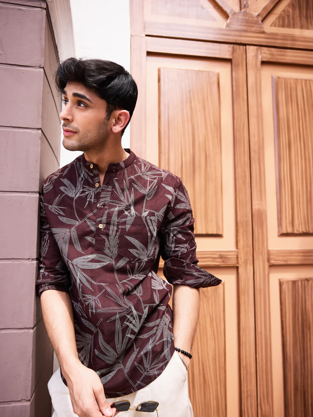 Walnut Brown Dotted Leaf Printed Kurta - Image 3