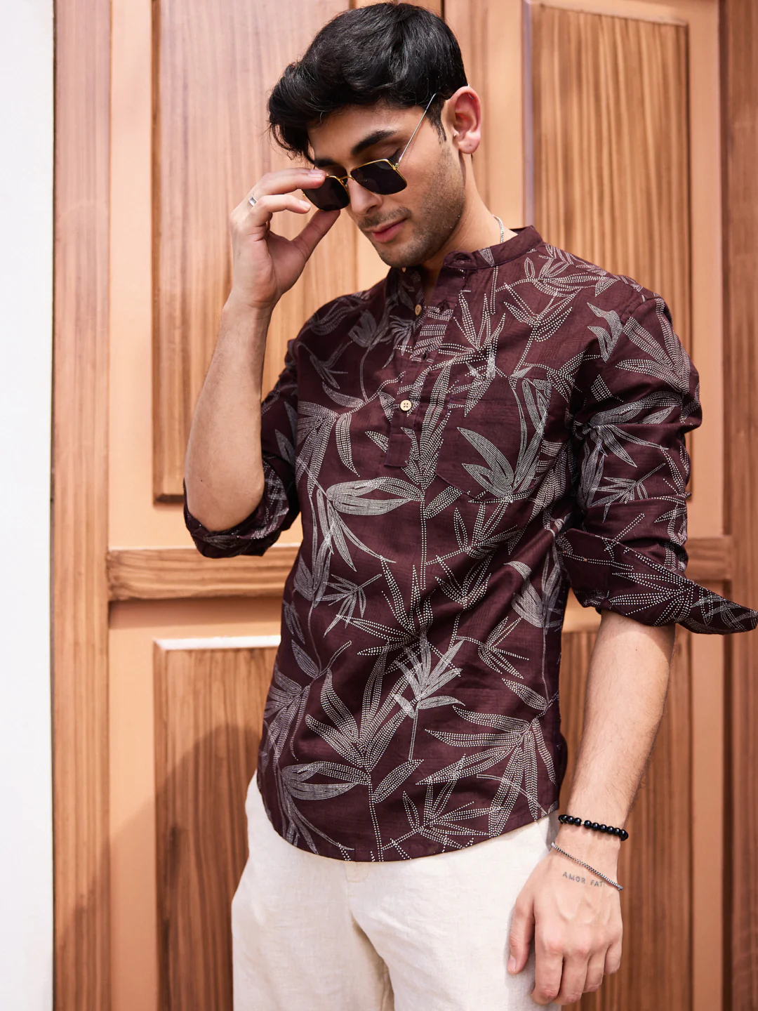 Walnut Brown Dotted Leaf Printed Kurta - Image 4