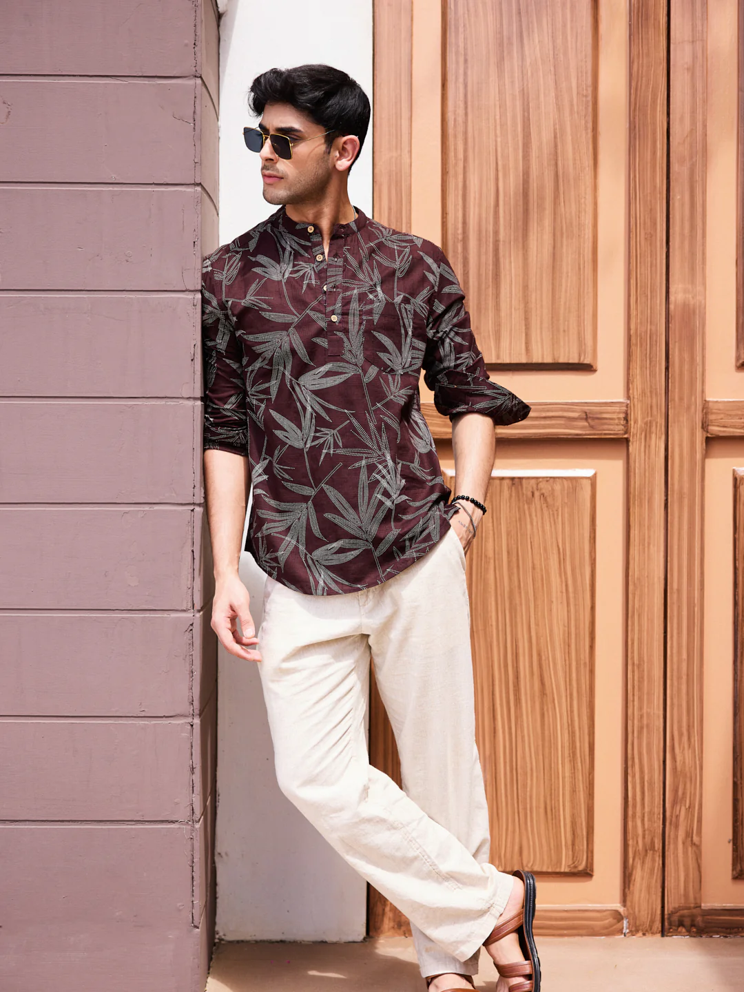 Walnut Brown Dotted Leaf Printed Kurta - Image 6