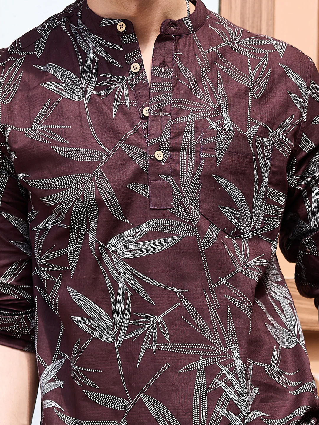 Walnut Brown Dotted Leaf Printed Kurta - Image 7