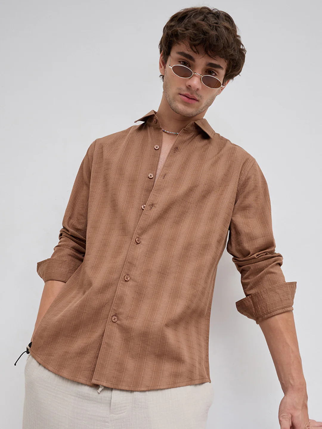 Walnut Brown Elevated Grid Detail Checks Shirt - Image 2