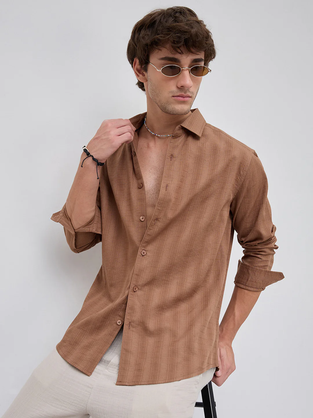 Walnut Brown Elevated Grid Detail Checks Shirt - Image 4