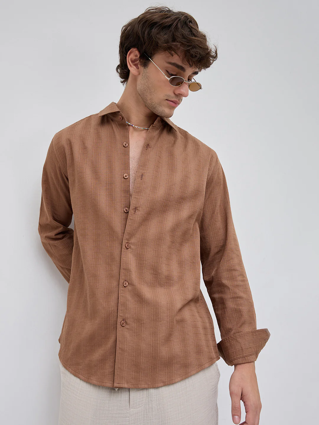 Walnut Brown Elevated Grid Detail Checks Shirt - Image 5