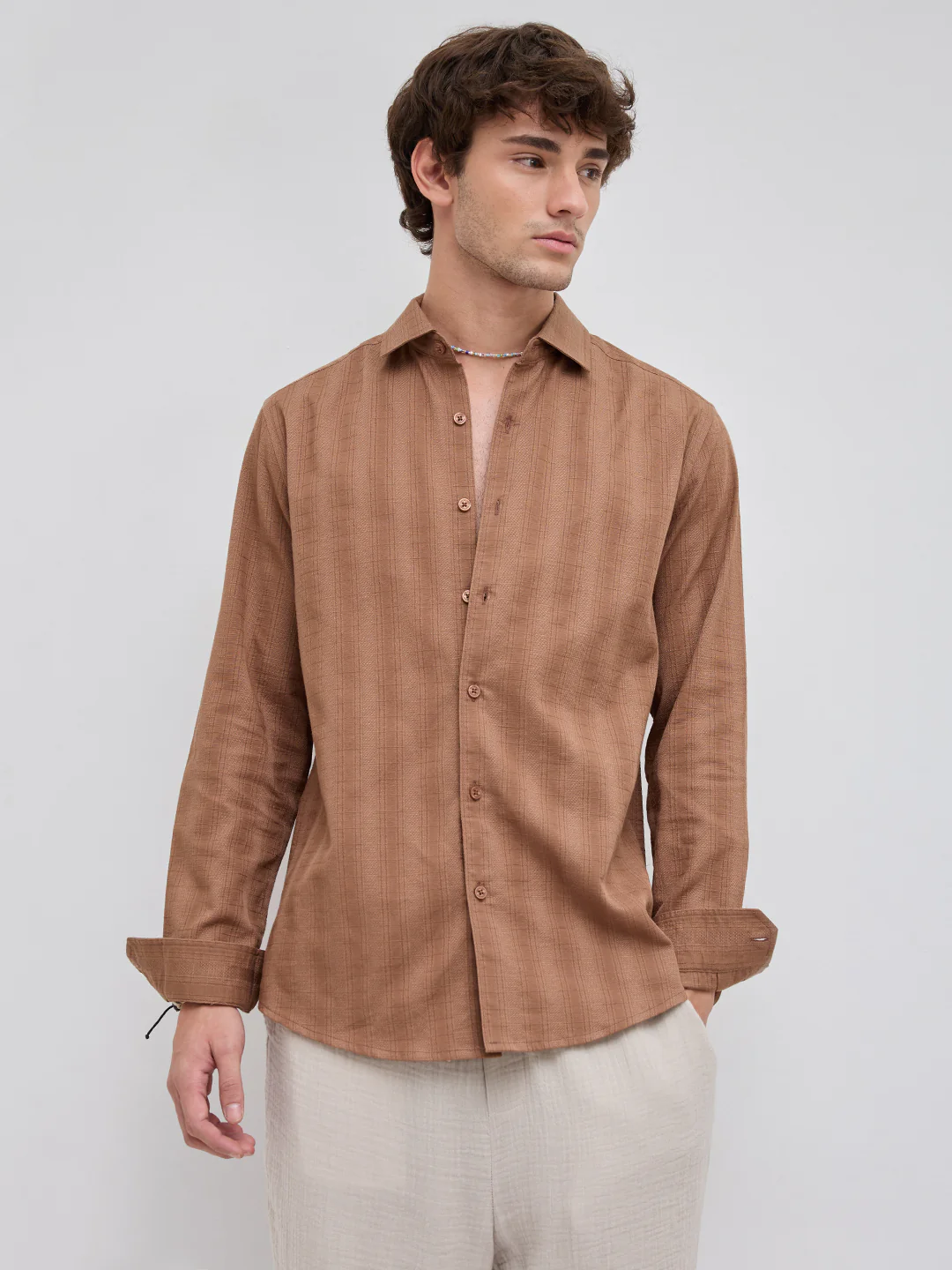 Walnut Brown Elevated Grid Detail Checks Shirt - Image 6