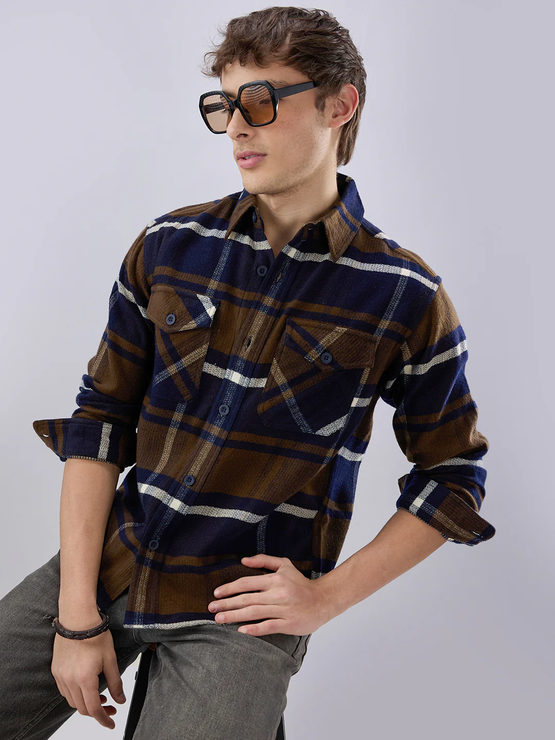 Walnut Brown & Navy Plaid Checks Double Pocket Flannel Shirt - Image 2