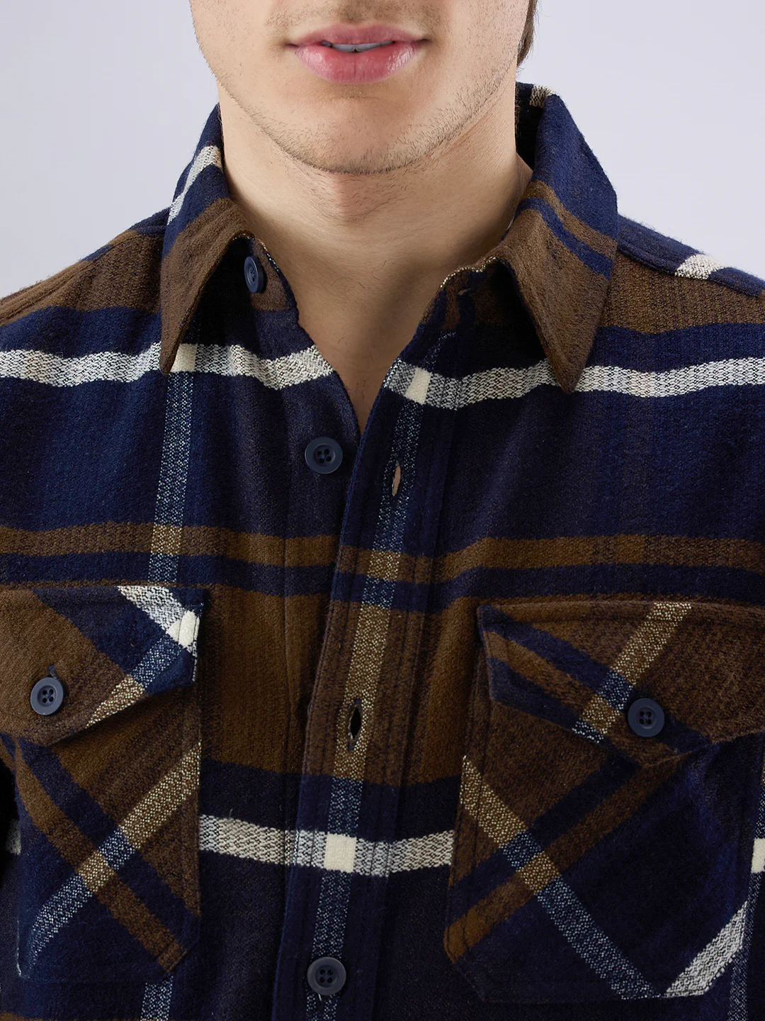 Walnut Brown & Navy Plaid Checks Double Pocket Flannel Shirt - Image 3