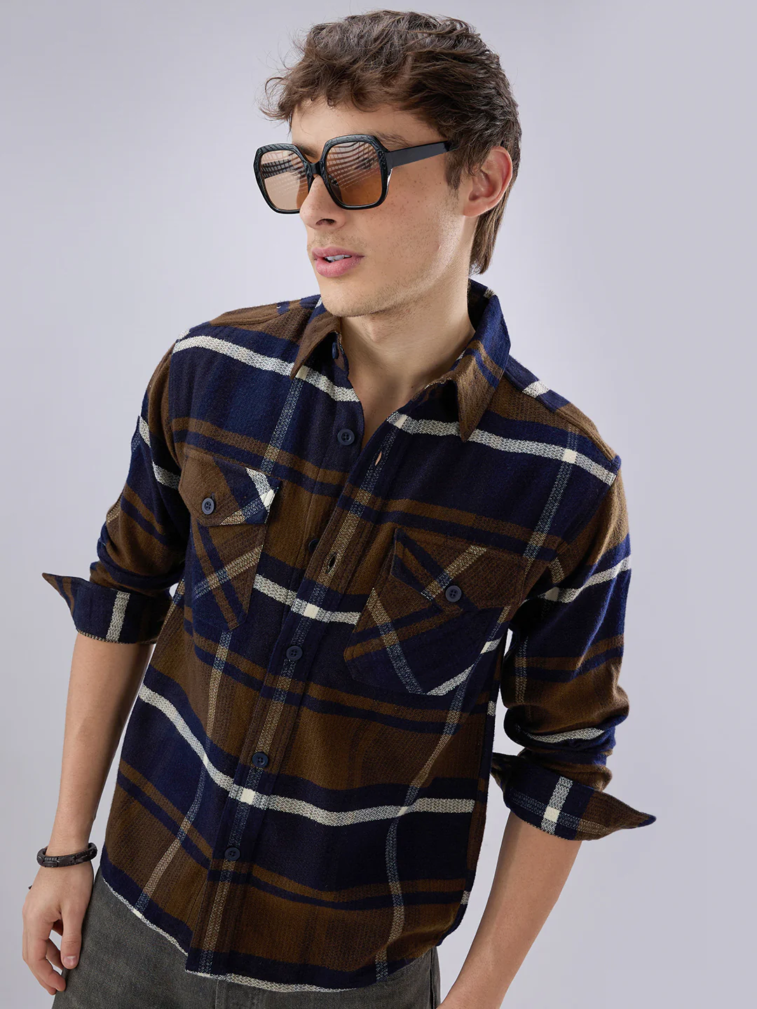 Walnut Brown & Navy Plaid Checks Double Pocket Flannel Shirt - Image 4