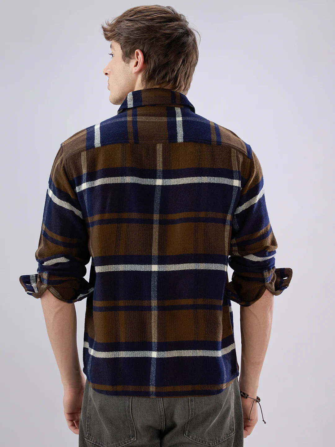 Walnut Brown & Navy Plaid Checks Double Pocket Flannel Shirt - Image 7