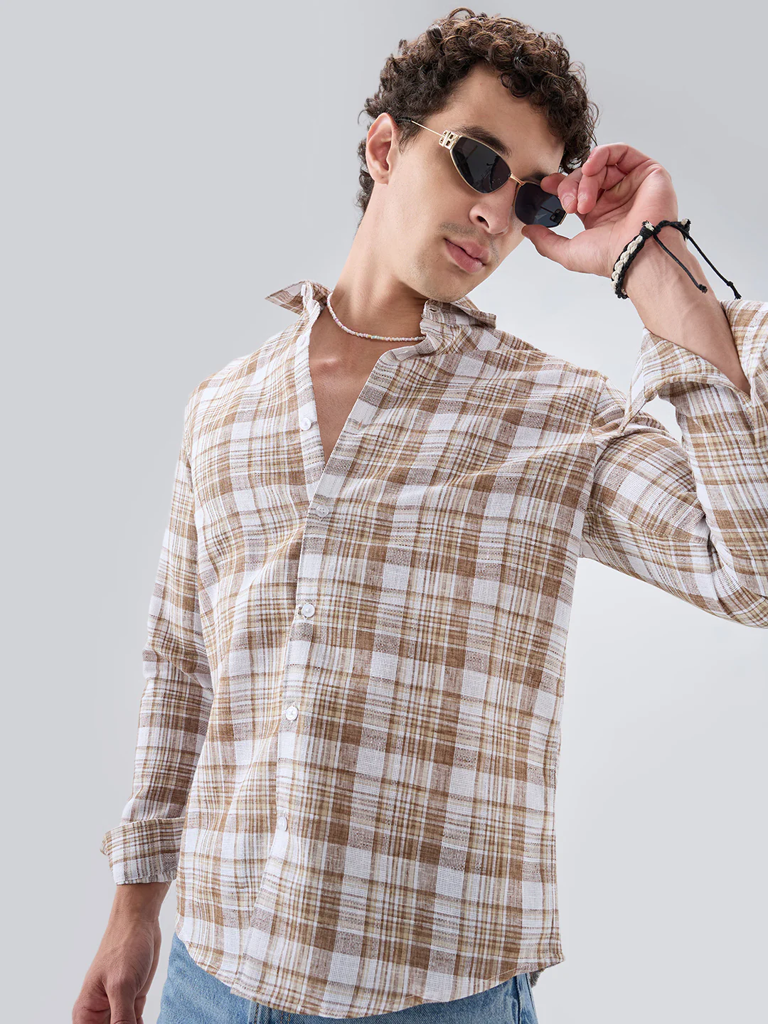 Walnut Brown Plaid Checks Textured Shirt - Image 2