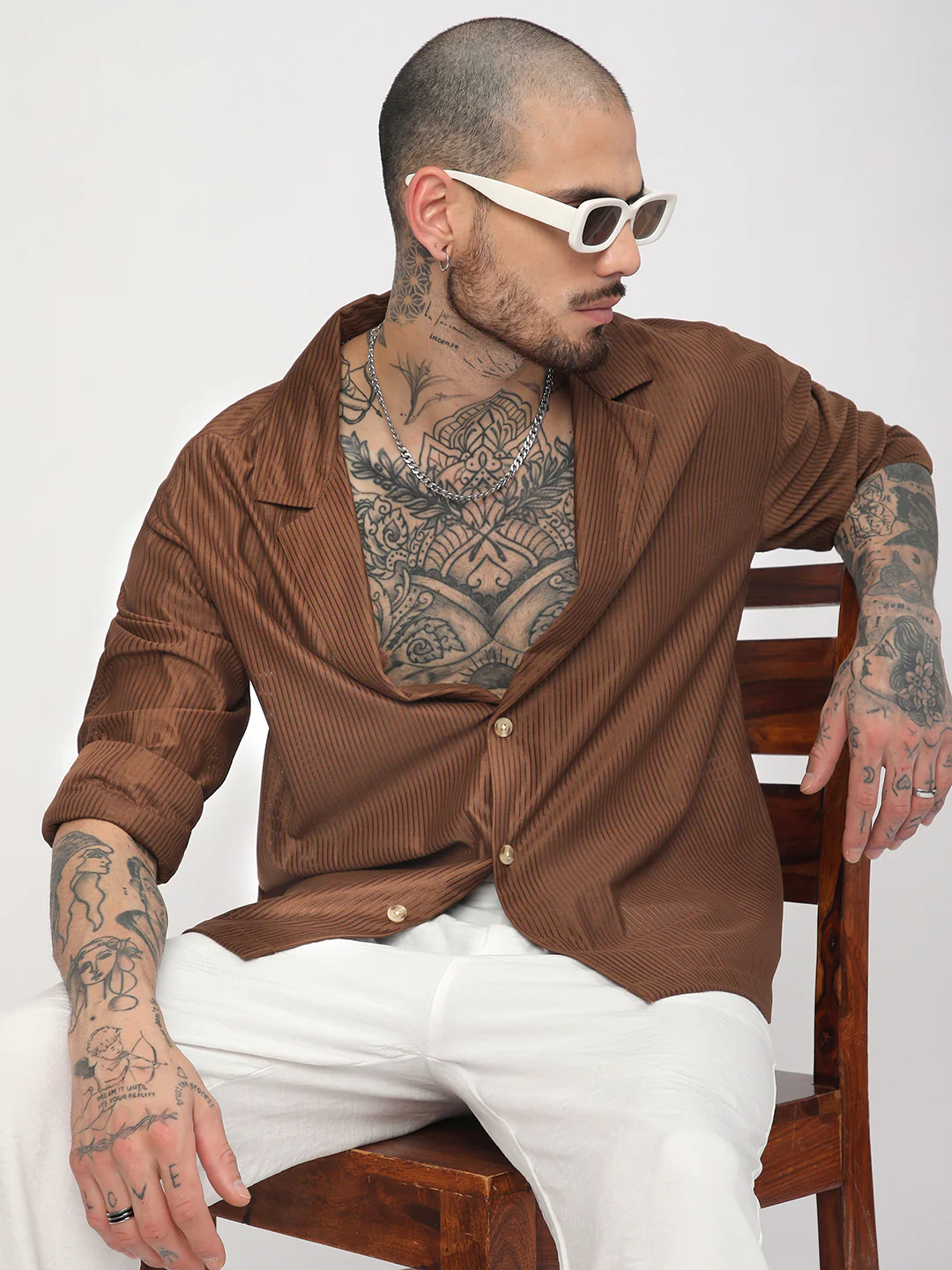 Walnut Brown Ribbed Oversized Notched Lapel Collar Shirt - Image 2