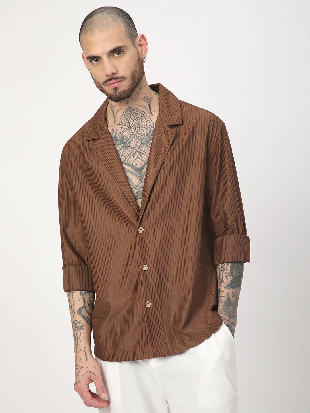 Walnut Brown Ribbed Oversized Notched Lapel Collar Shirt - Image 4