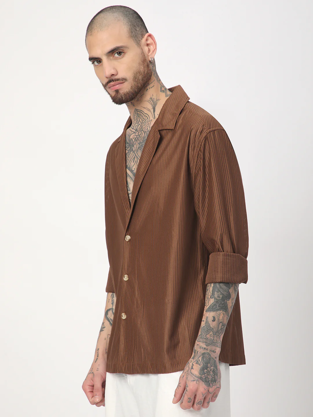 Walnut Brown Ribbed Oversized Notched Lapel Collar Shirt - Image 5