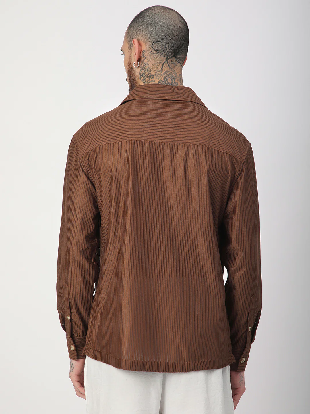 Walnut Brown Ribbed Oversized Notched Lapel Collar Shirt - Image 6
