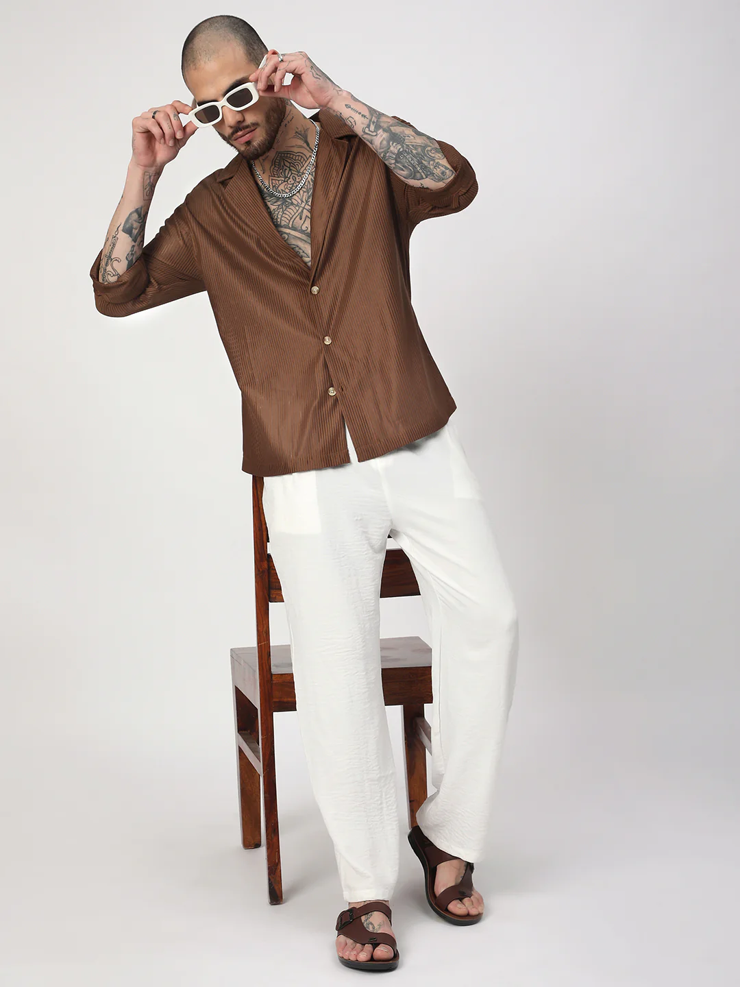 Walnut Brown Ribbed Oversized Notched Lapel Collar Shirt - Image 7