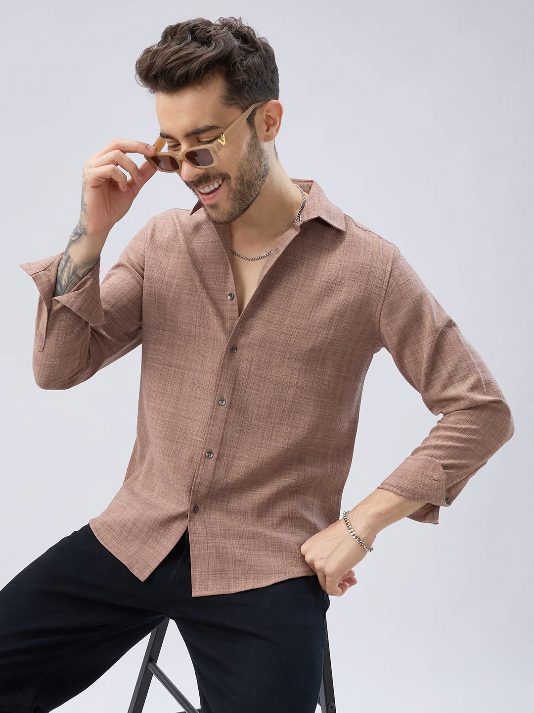 Walnut Brown Subtle Weave Textured Shirt - Image 2