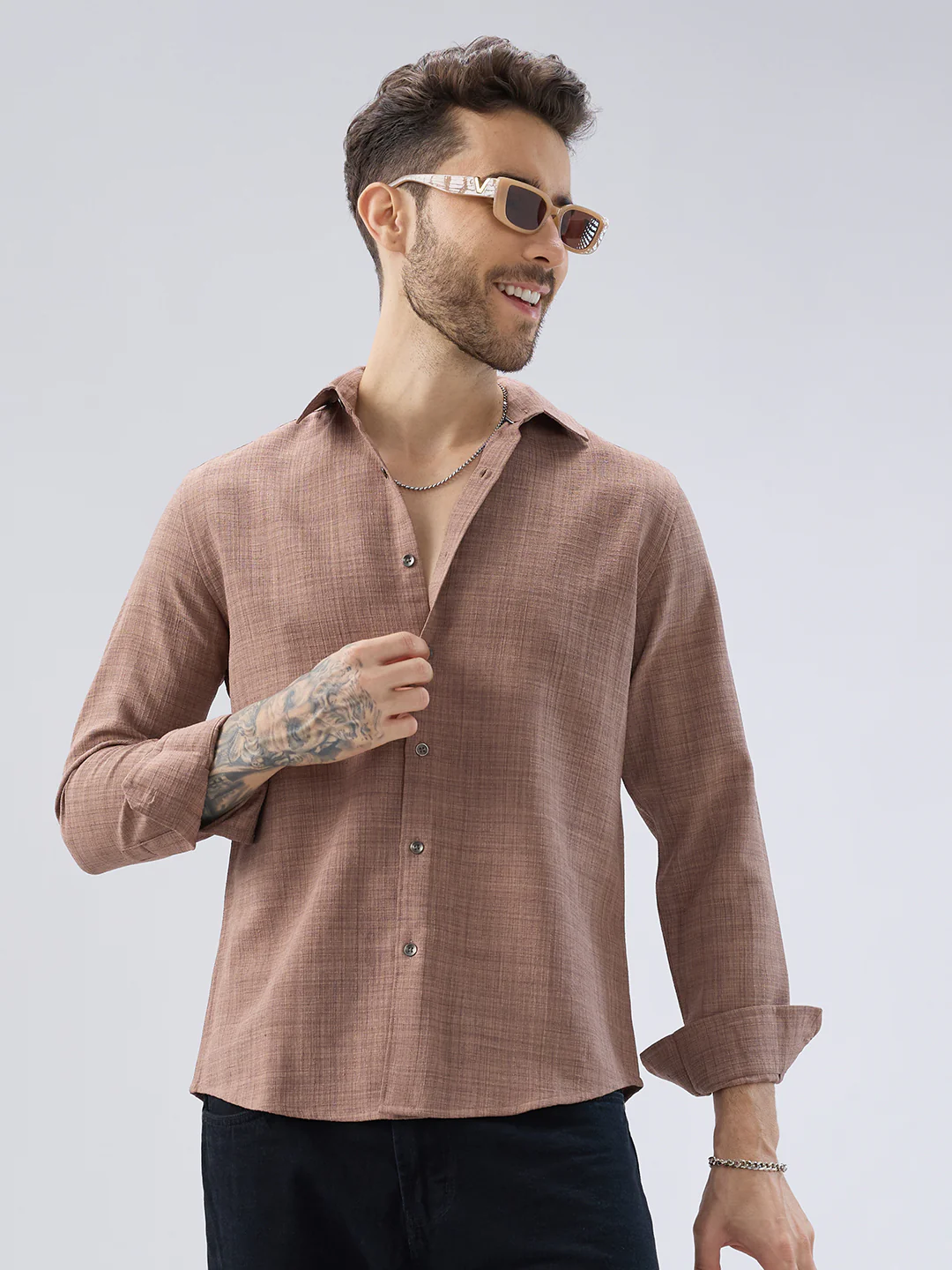 Walnut Brown Subtle Weave Textured Shirt - Image 4
