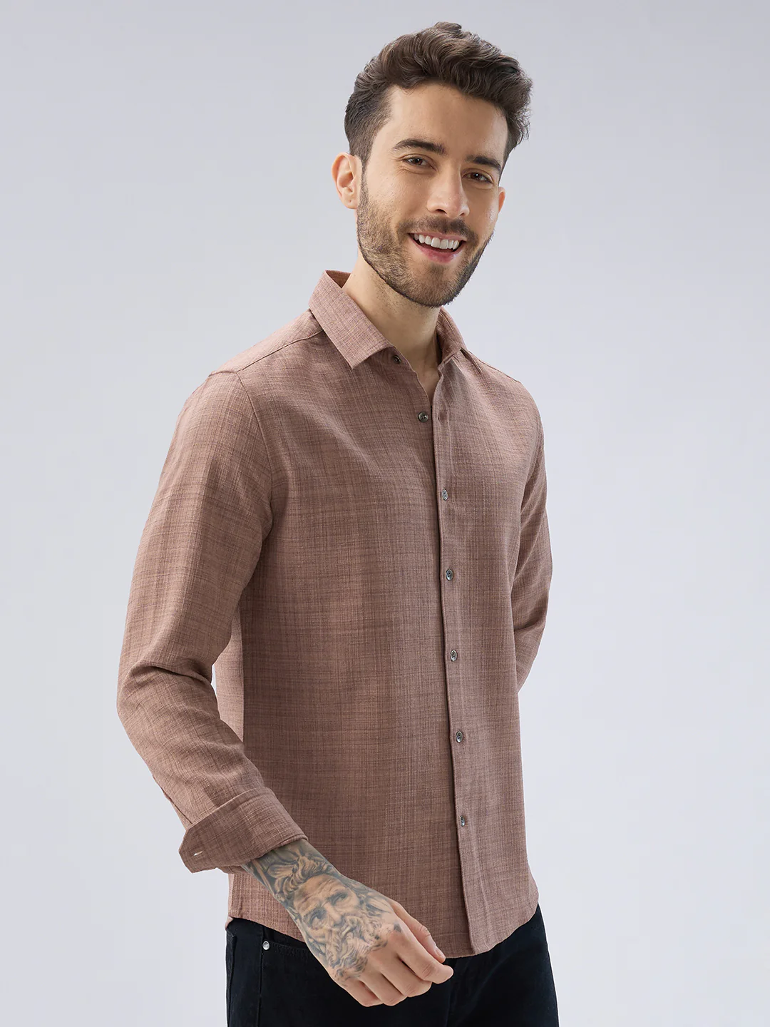 Walnut Brown Subtle Weave Textured Shirt - Image 5