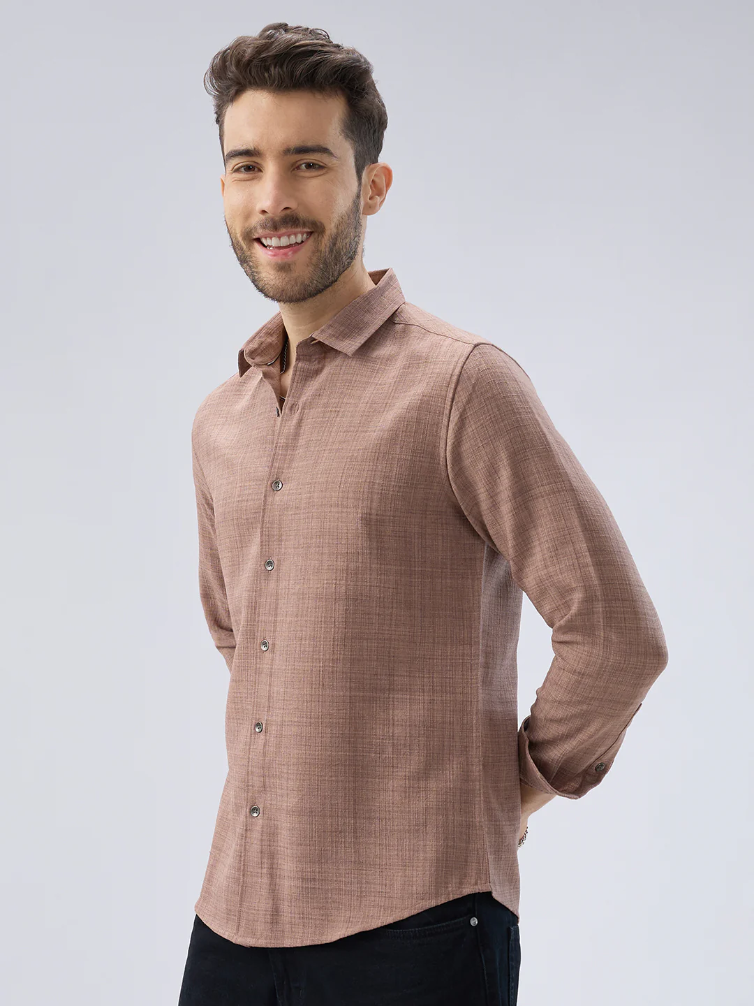 Walnut Brown Subtle Weave Textured Shirt - Image 6