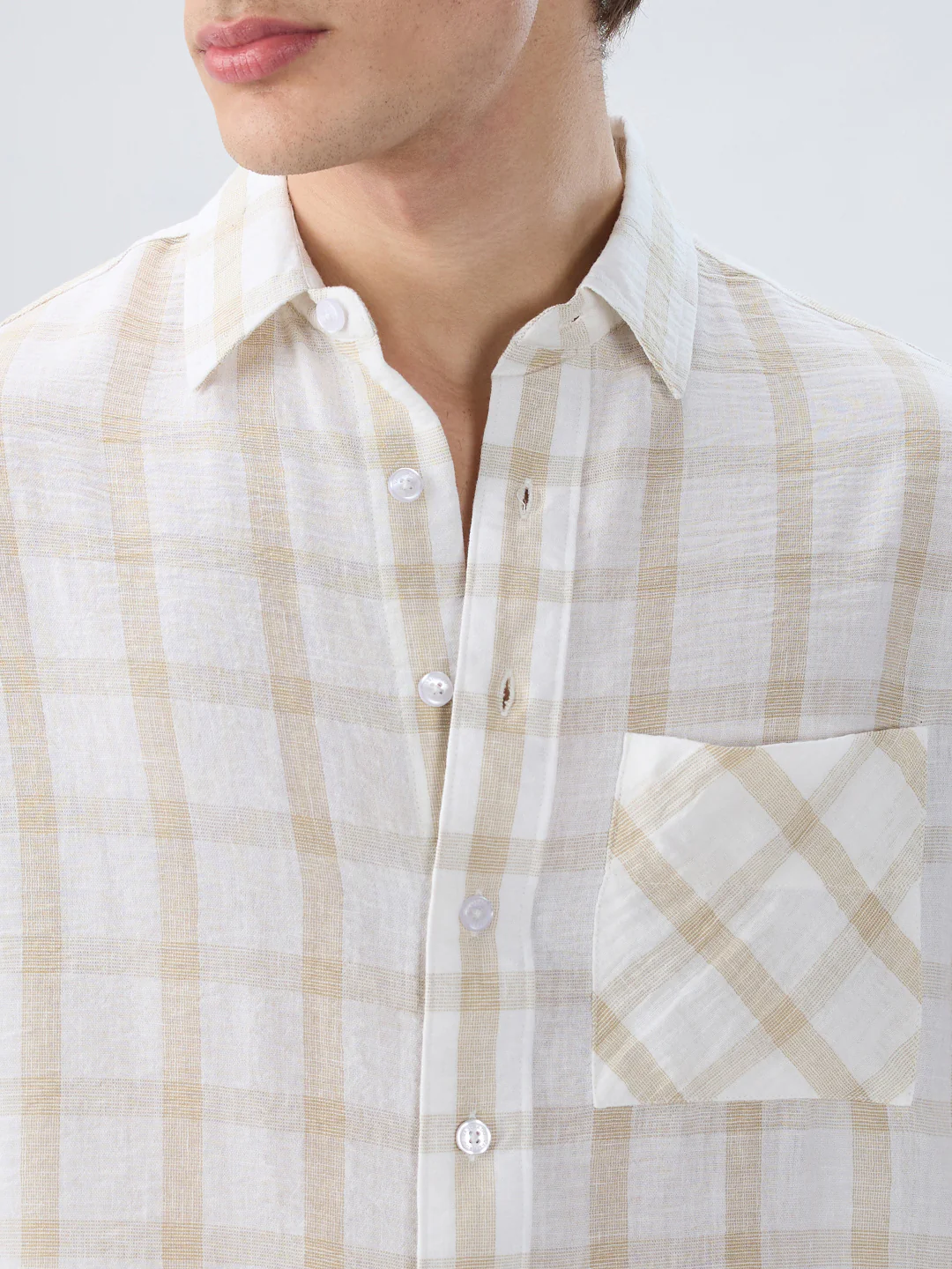 Warm Beige Checks Fine-Weave Boxy Fit Crop Shirt - Image 3