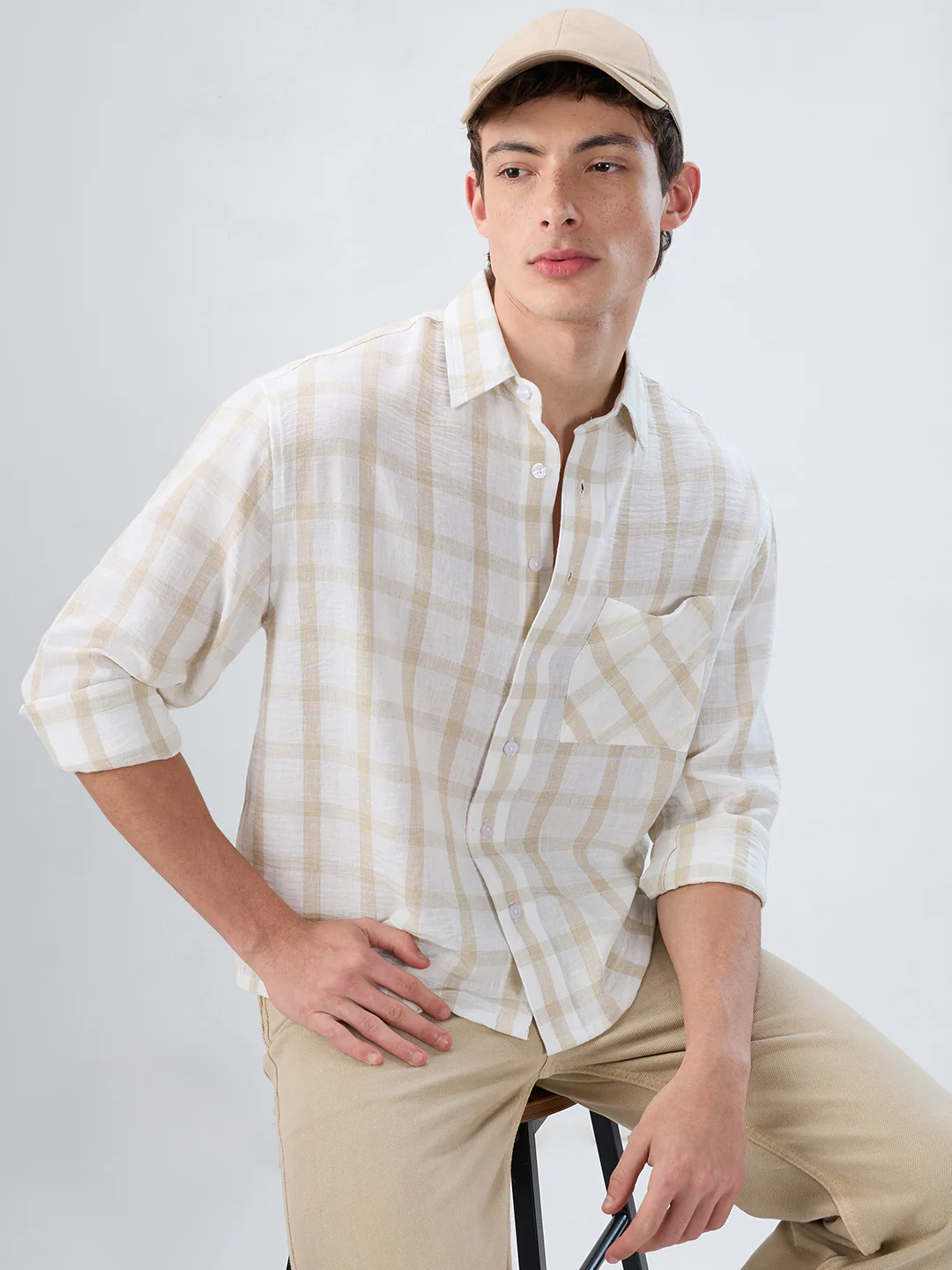 Warm Beige Checks Fine-Weave Boxy Fit Crop Shirt - Image 4