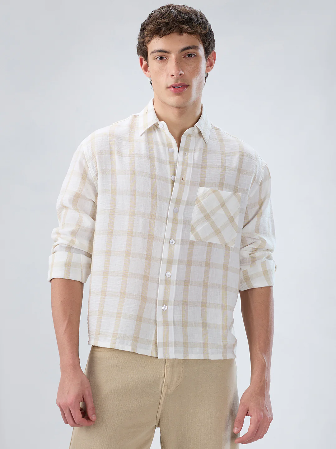 Warm Beige Checks Fine-Weave Boxy Fit Crop Shirt - Image 5
